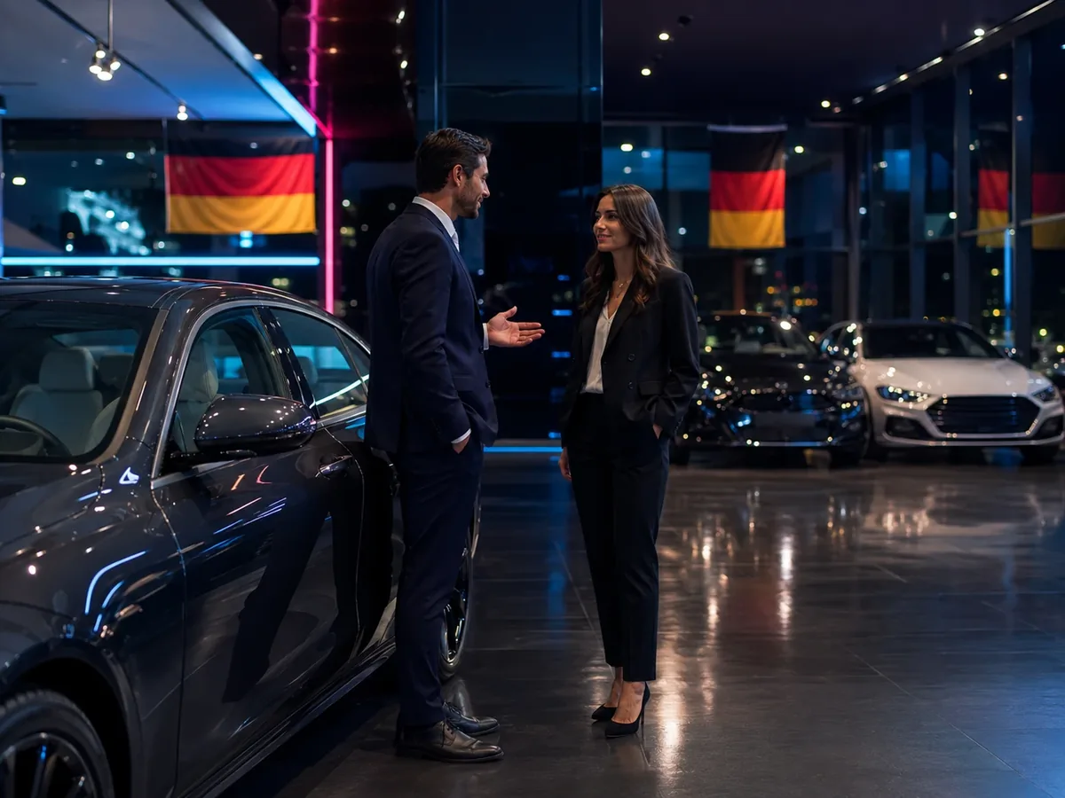 Beratungsgespräch im Autosalon mit deutschen Flaggen im Hintergrund