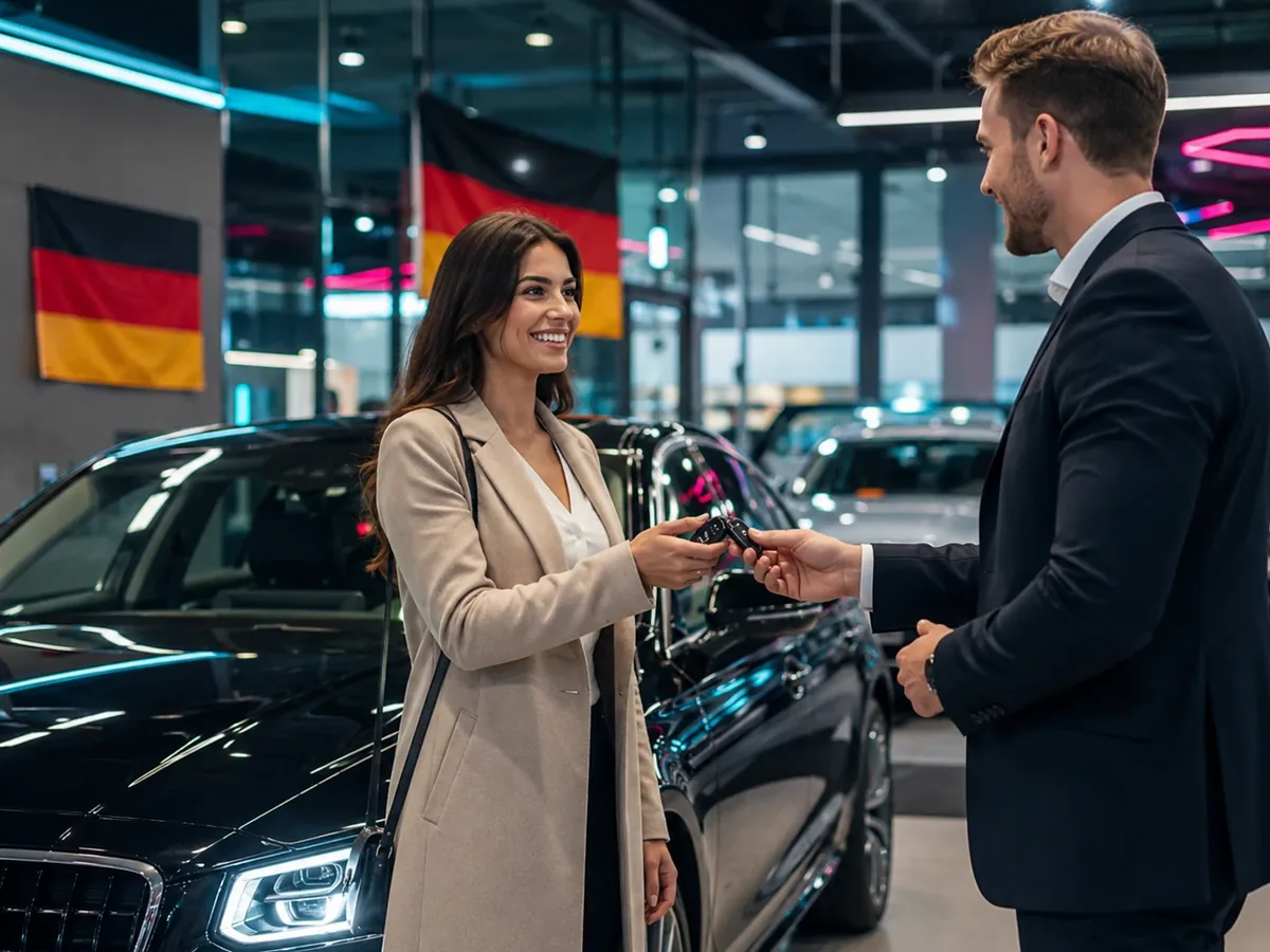 Fahrzeugübergabe im Showroom mit deutschen Flaggen